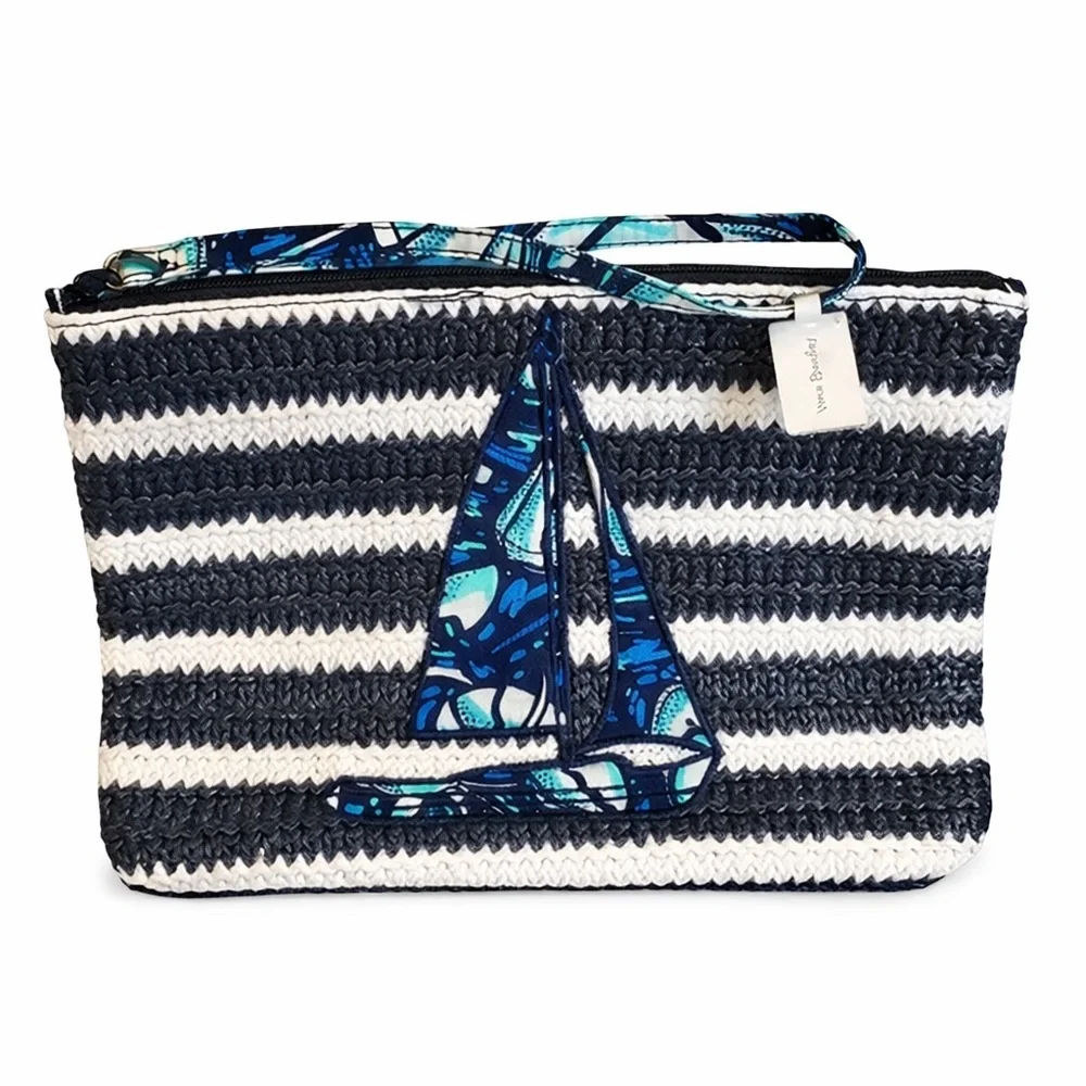 Vera Bradley Nautical Sailboat Straw Wristlet Blue White Stripe Zip bag - Picture 5 of 12